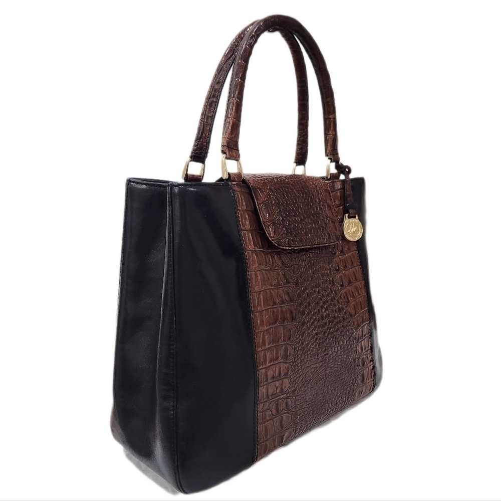 BRAHMIN Vintage Genuine Leather Croco Satchel Bag, Black/Brown, Women's OS - Picture 3 of 15